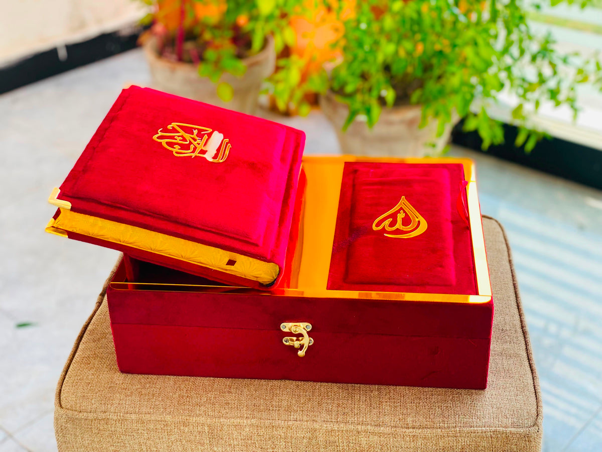 Premium Red Velvet Quran Set with Rehal Box