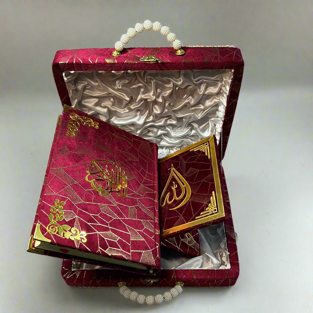 Handle Quran Set Maroon – Velvet Box with Rahail